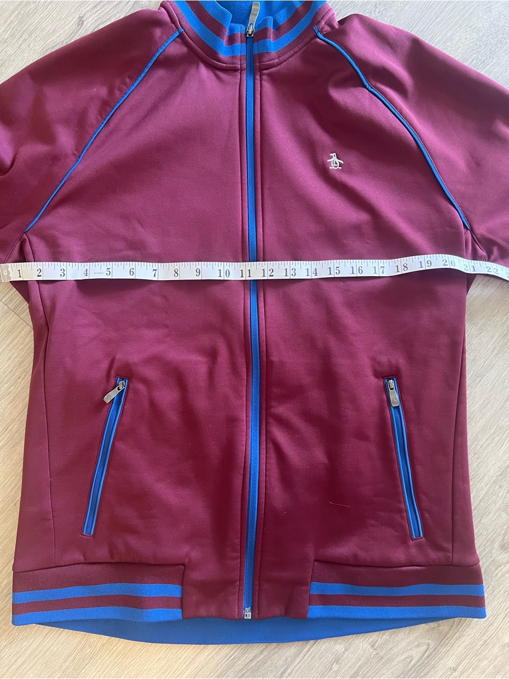 Original Penguin Burgundy Bomber Jacket | Men’s Zip-Up Jacket with Blue Trim - Picture 6 of 9